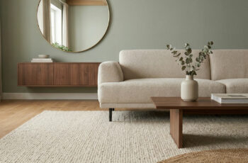 Jasny i przytulny salon w hybrydowym stylu Quiet Luxury i Japandi, w którym na jasnej, drewnianej podłodze ułożony jest duży, miękki dywan wełniany boucle w kolorze kremowym. Obok, w strefie relaksu z niską, minimalistyczną sofą i drewnianym stolikiem kawowym, znajduje się jasny dywan z juty