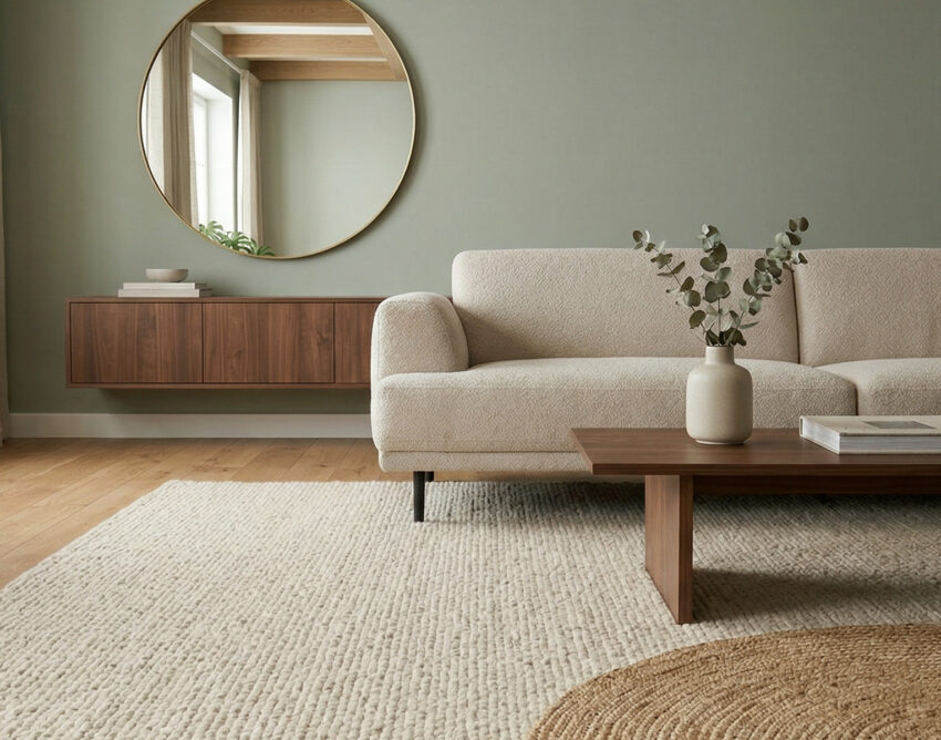 Jasny i przytulny salon w hybrydowym stylu Quiet Luxury i Japandi, w którym na jasnej, drewnianej podłodze ułożony jest duży, miękki dywan wełniany boucle w kolorze kremowym. Obok, w strefie relaksu z niską, minimalistyczną sofą i drewnianym stolikiem kawowym, znajduje się jasny dywan z juty